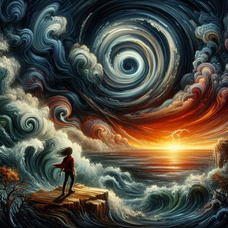 Boy Watching Hurricane Over Ocean Sunset