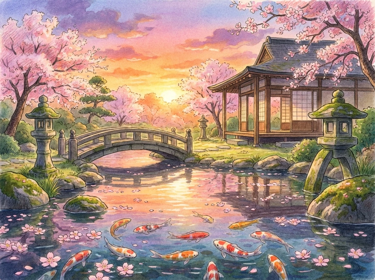 Japanese Garden With Koi Pond