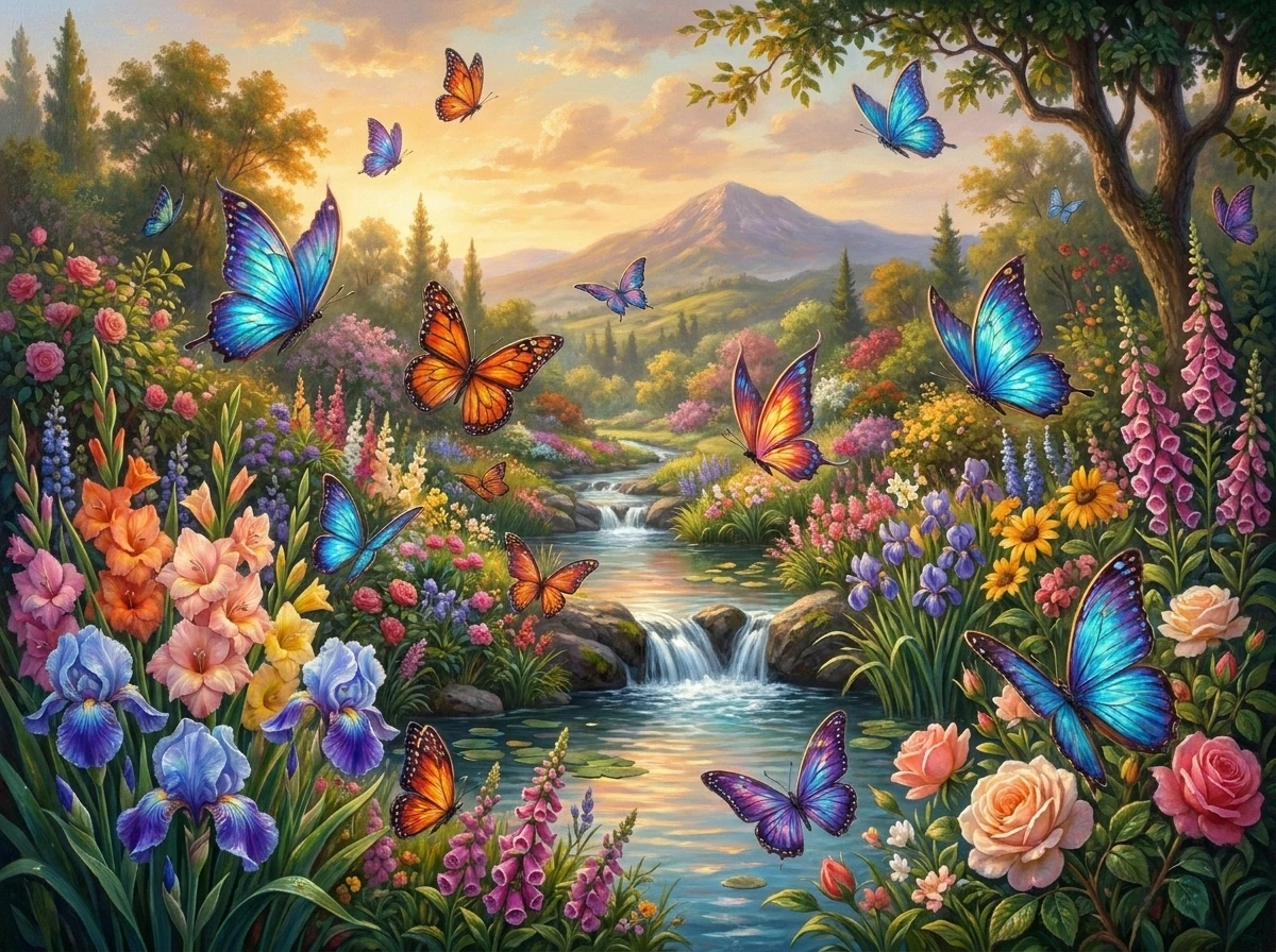 Iridescent Butterflies In A Garden