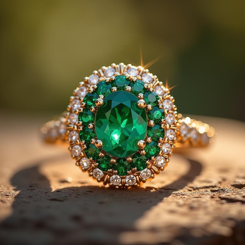 Emerald Cluster Ring Haloed in Diamonds