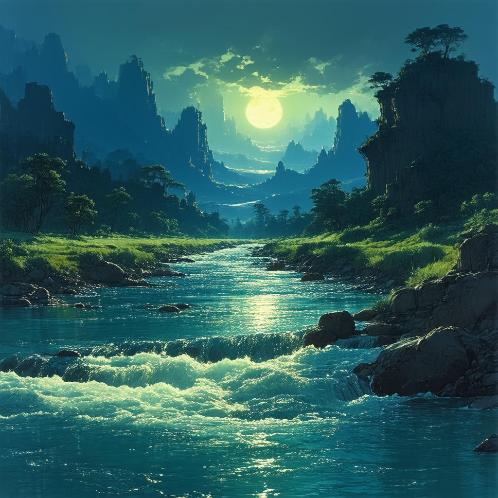 Typography River Flowing Through Ghibli Twilight