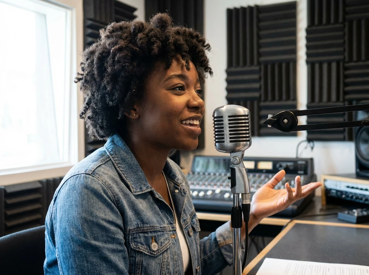 Young Woman Speaking Into Microphone