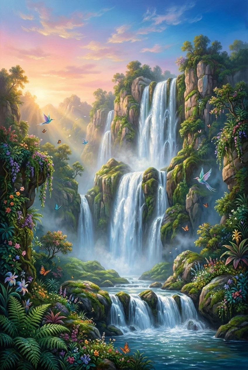 Tall Waterfall Over Mossy Rocks