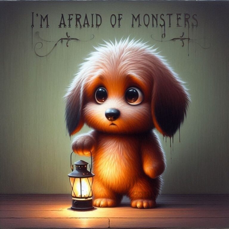 Melancholic Dog Holding Lantern in Darkness