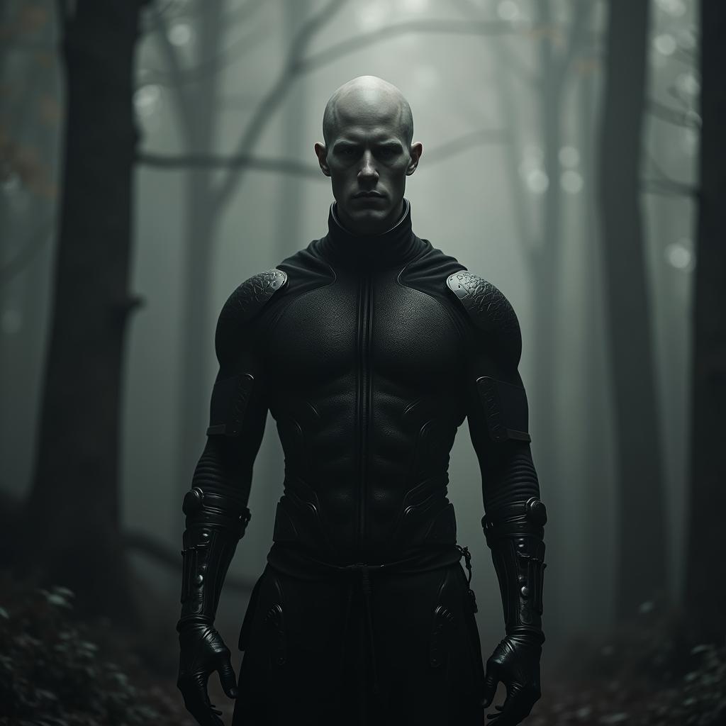 Bald Sentinel in Black Armour Amid Fog