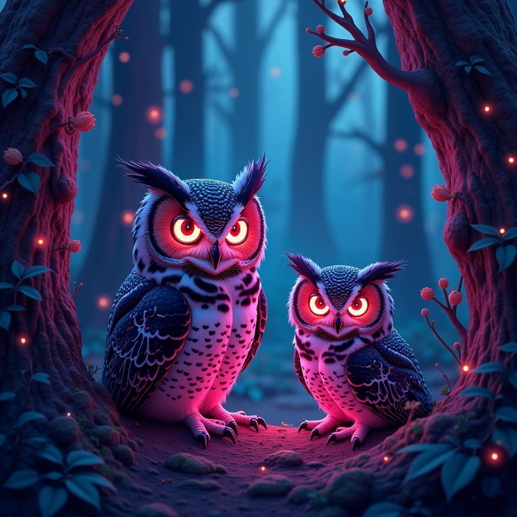 Owl Family Nested in Neon Cyber Forest