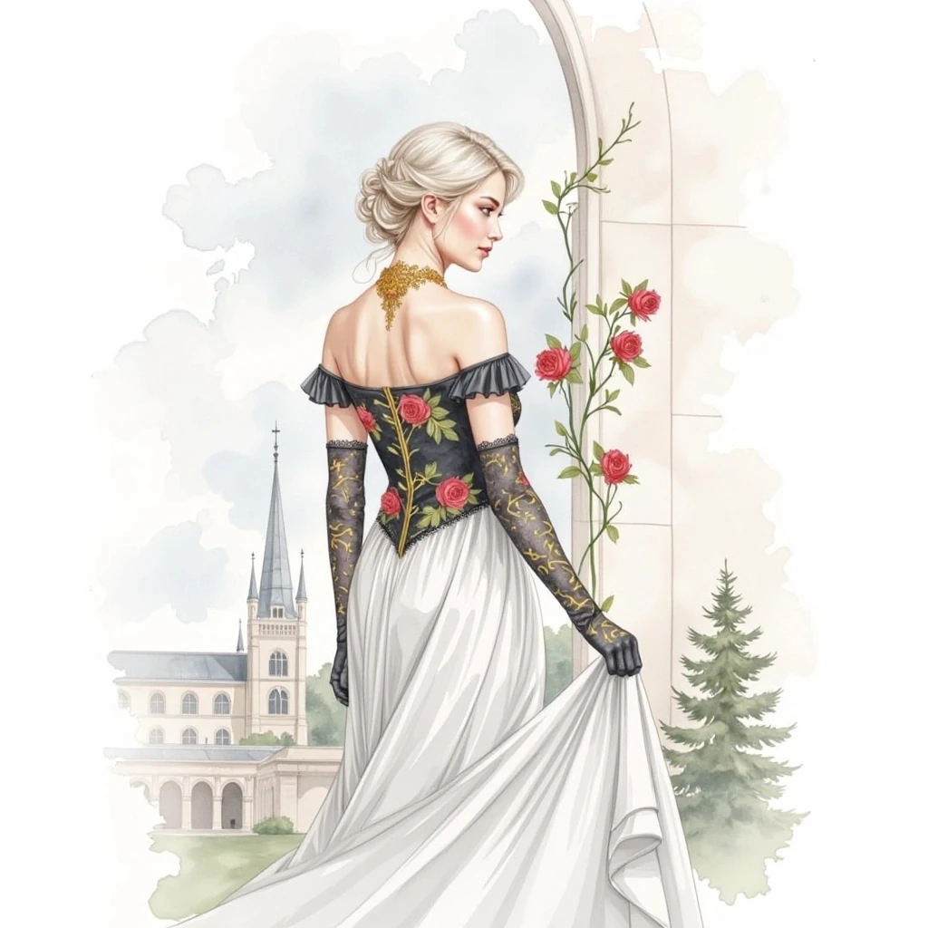 Woman In Elaborate Gown From Behind