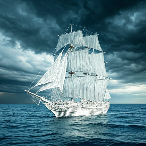 Fragile Wooden Ship Sailing Through Stormy Ocean