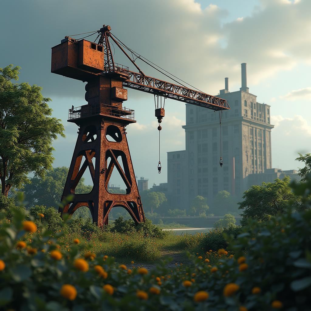 Rusted Crane Reclaimed by Wild Green Vines