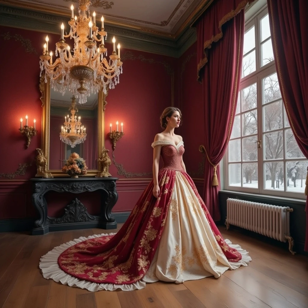 Woman In Red And Cream Gown
