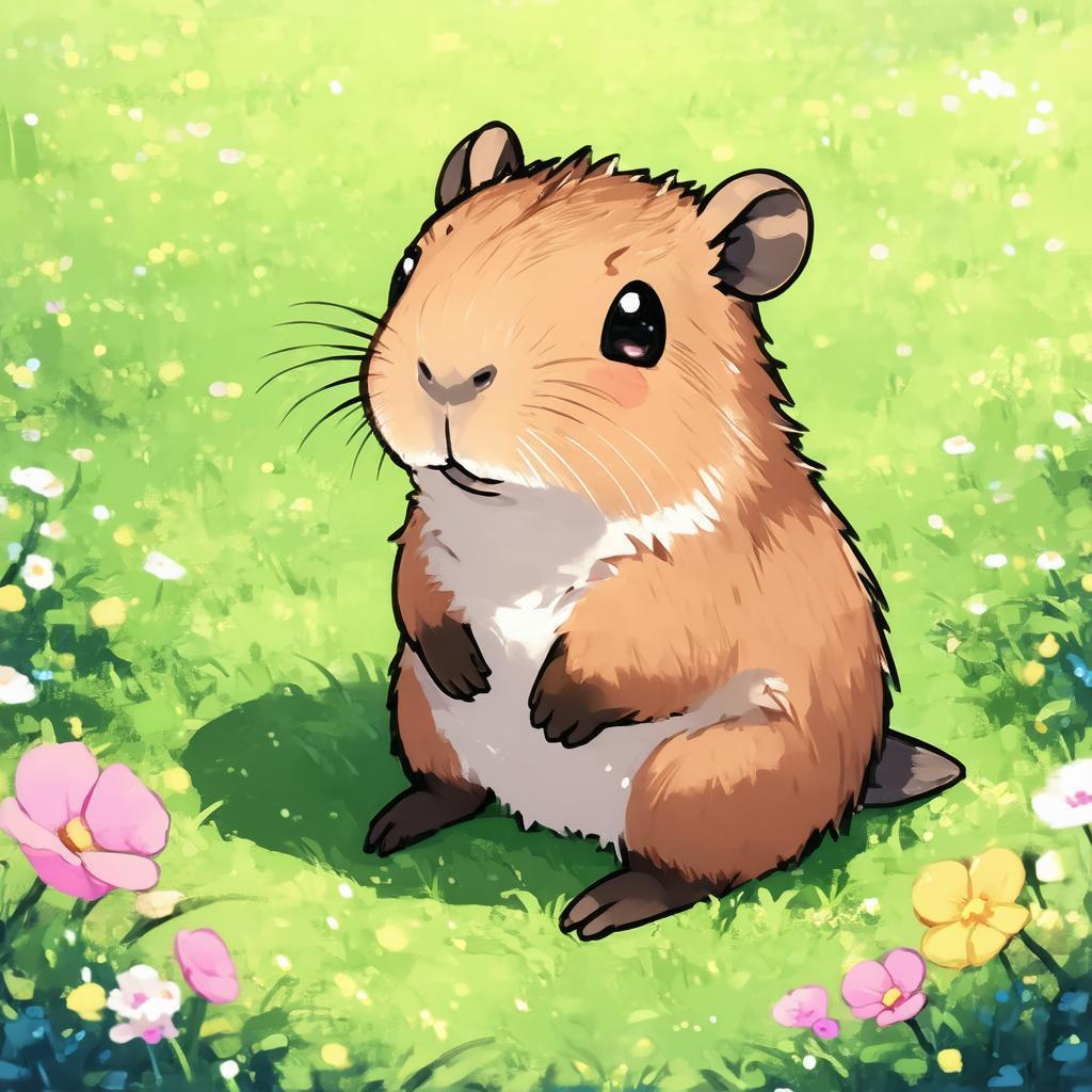 Chibi Capybara Resting in Flowered Anime Field