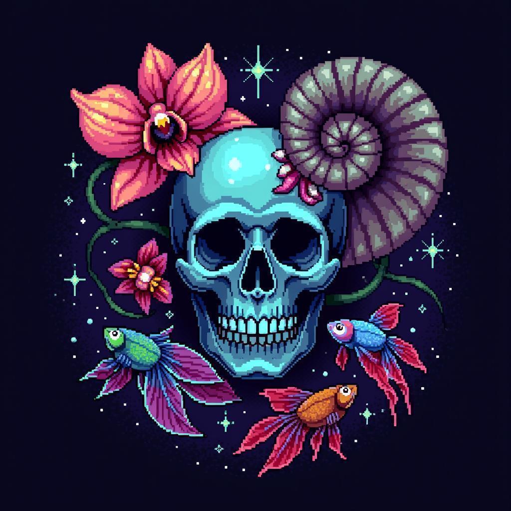 Nautilus Skull and Betta in Pixel Dreamscape