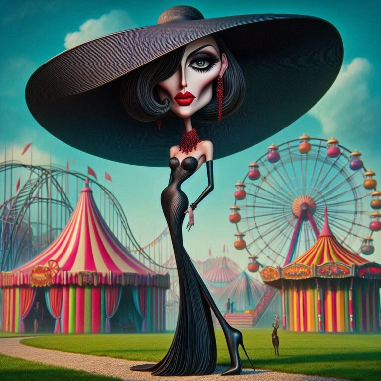 Whimsical Caricature Woman in Amusement Park