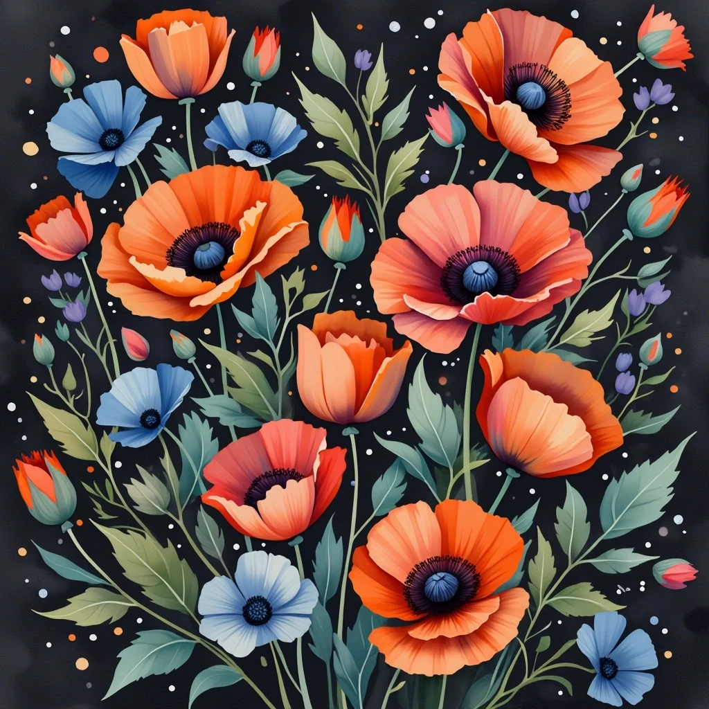 Orange And Blue Poppies On Black