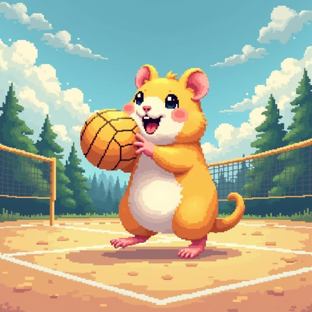 Yellow Pixel Hamster Spikes the Volleyball