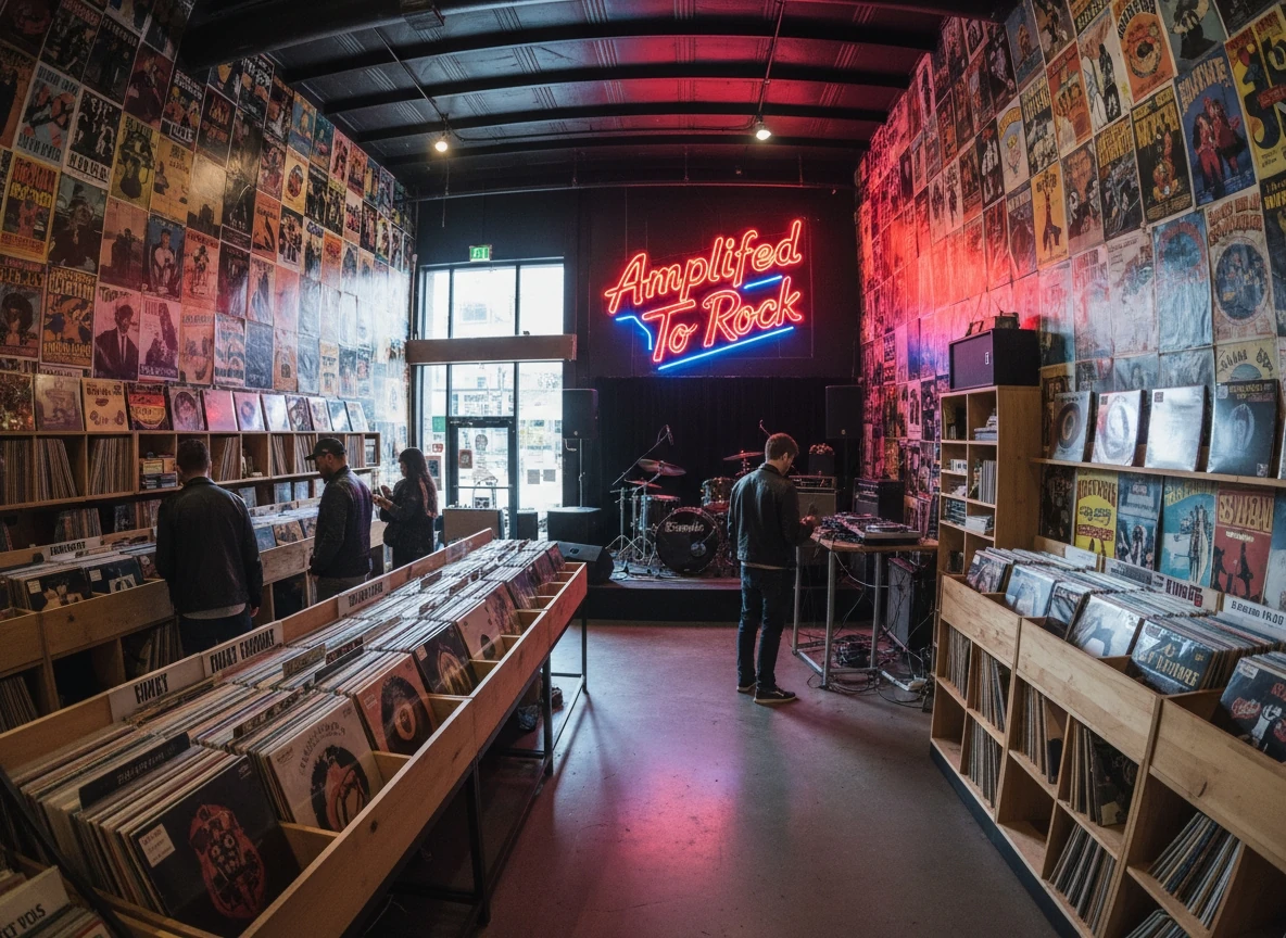 Record Store With Neon Sign
