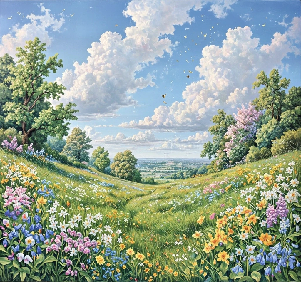Springtime Meadow Under Fluffy Clouds