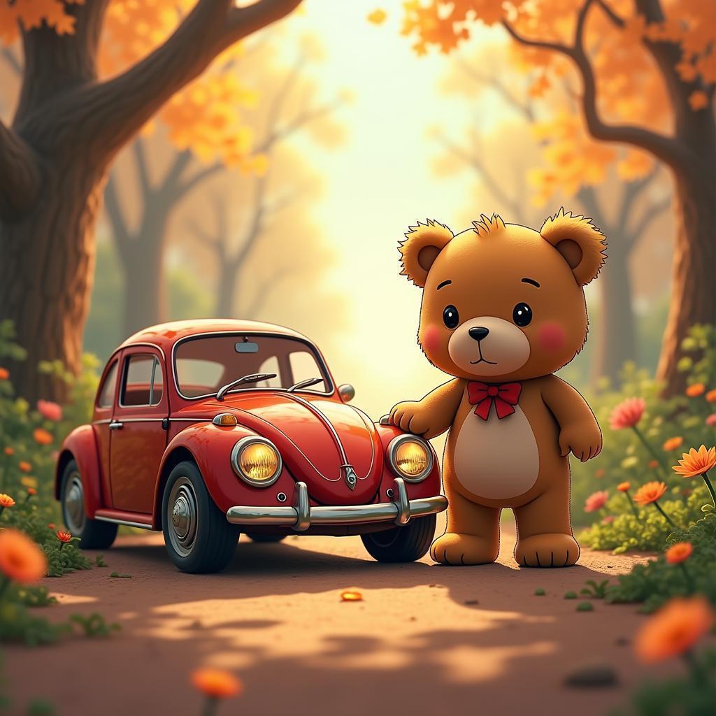 Teddy Bear and Toy Car in Dreamy Anime