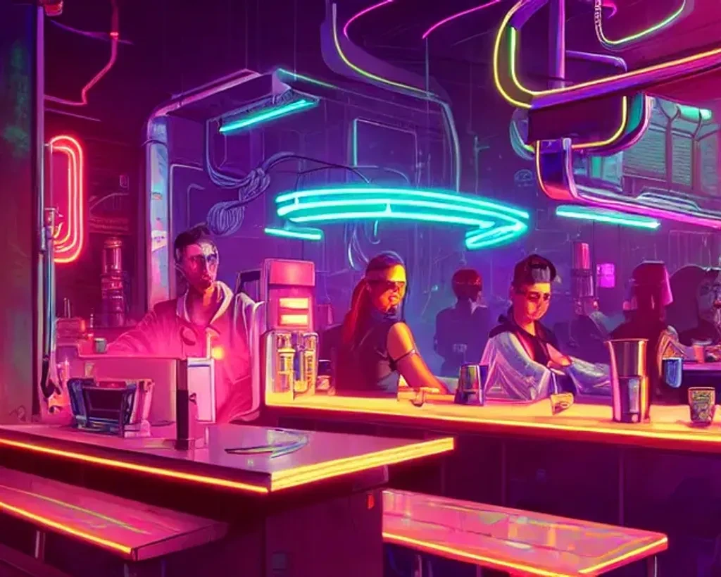 Cyberpunk Coffee Shop With Robots
