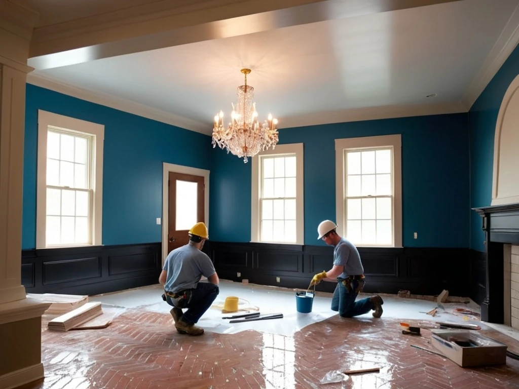 Workers Renovating A Bright Room