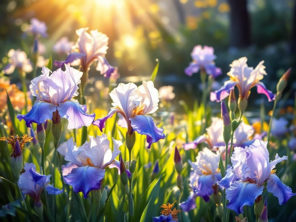 Bearded Irises In A Pond Garden