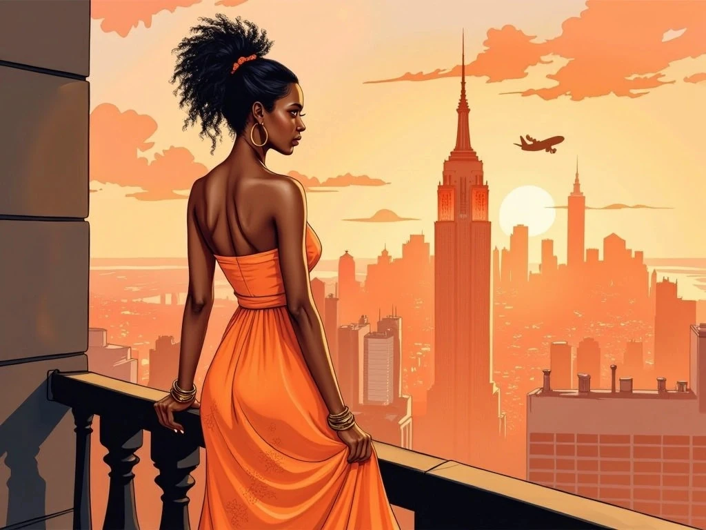 Woman In Orange Gown On Balcony