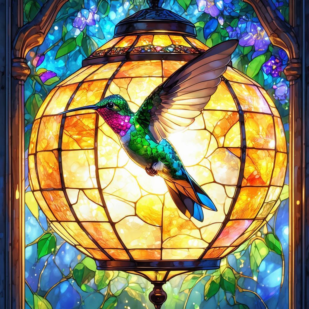 Stained Glass Lamp and Hovering Hummingbird