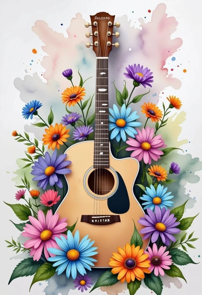 Guitar Surrounded By Flowers