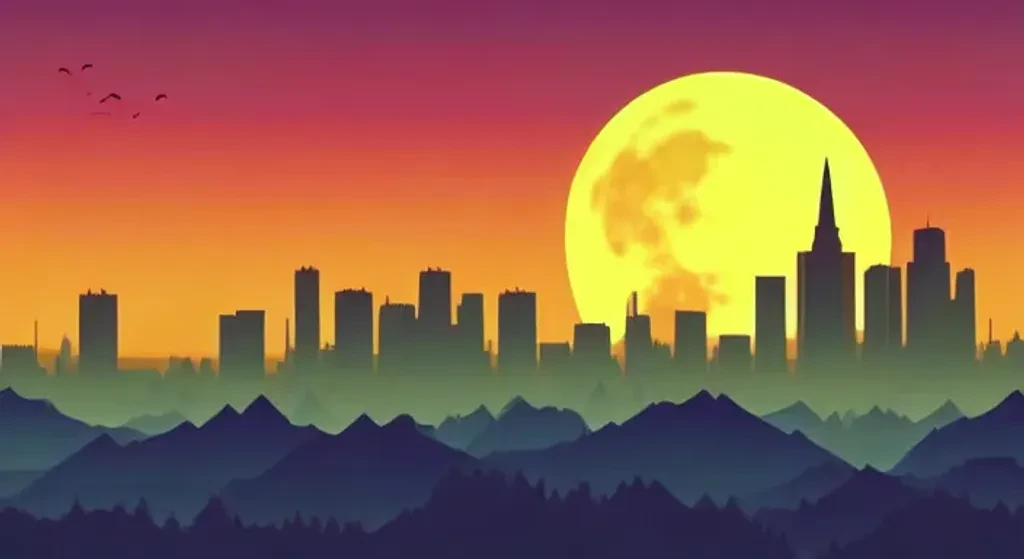 City Skyline And Full Moon