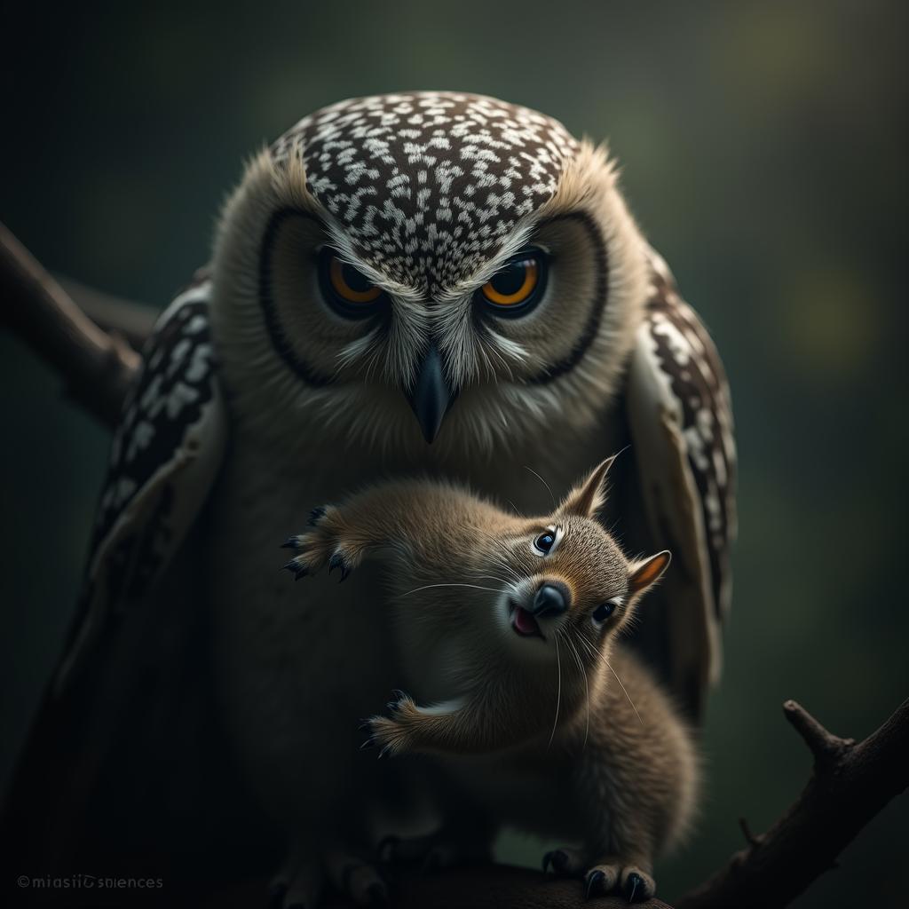 Owl Clutches a Squirrel in Misty Light