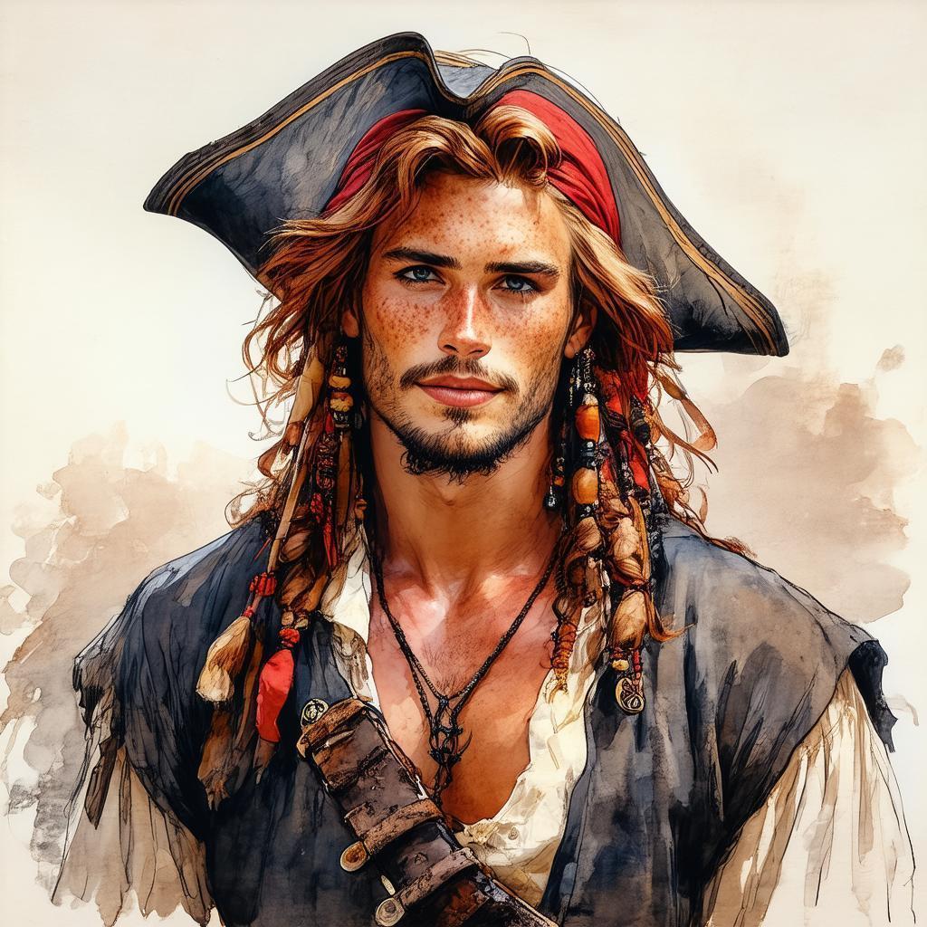 Charming Red Haired Pirate in Elegant Sketch