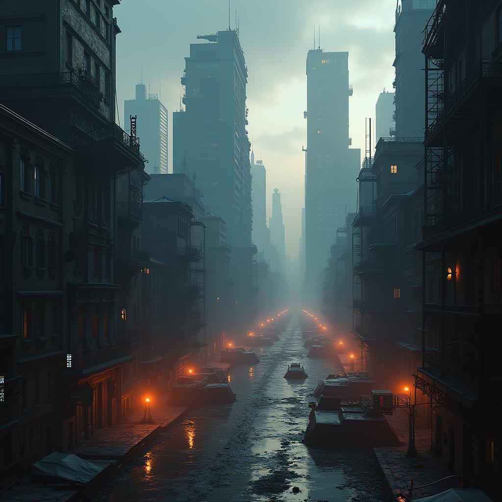 Dystopian 3D Cityscape in Cinematic Shadow