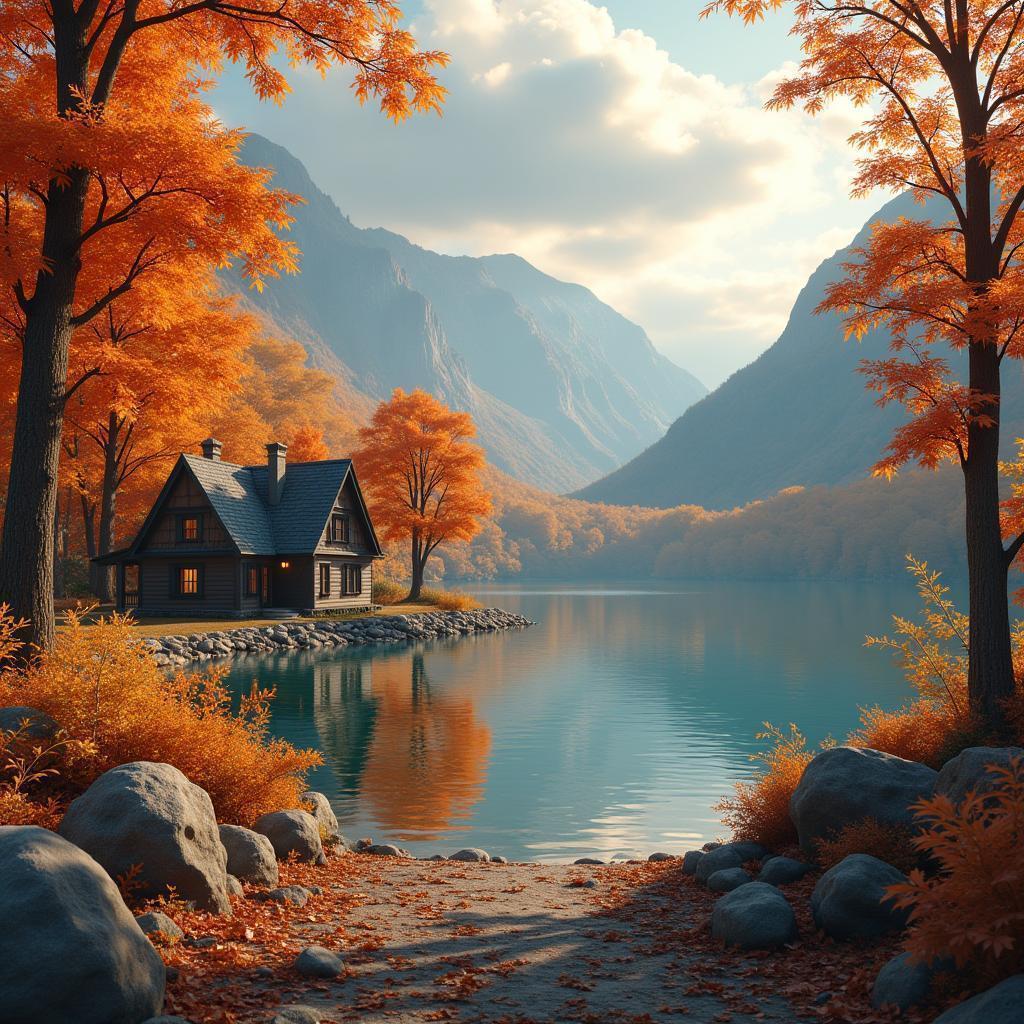 Autumn Cottage by a Dramatic 3D Lake