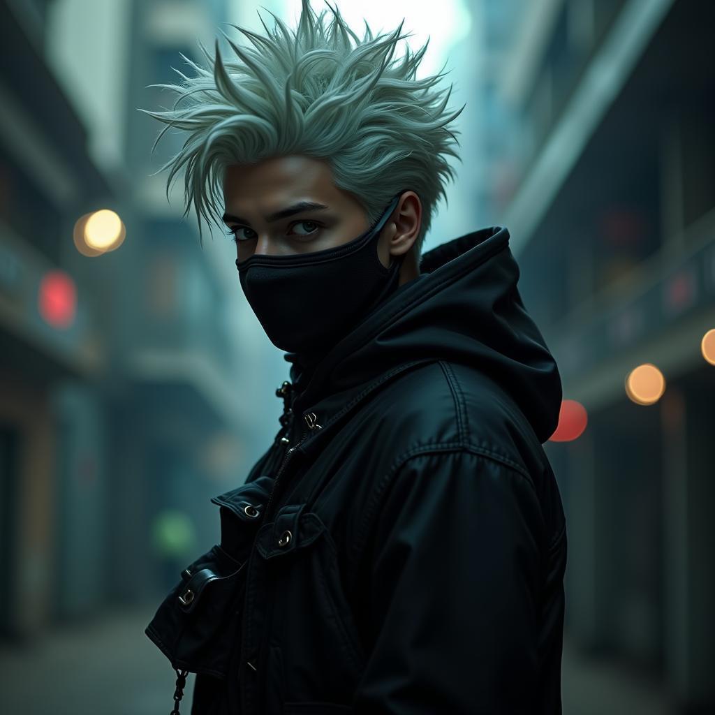 Masked Killua in Cyberpunk Techwear Storm