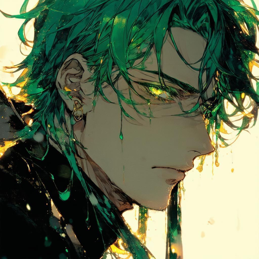 Sad Green Haired Man in Misty Manga