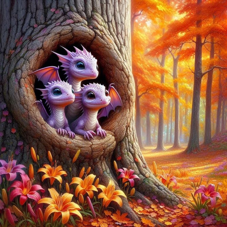 Three Cute Wolf Cubs In Oak Tree