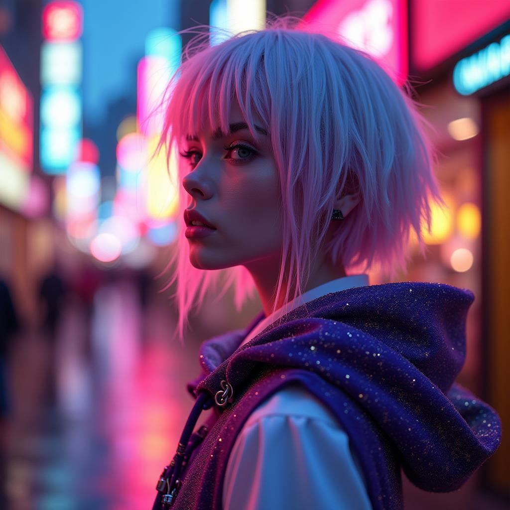 Starry Cloaked Wanderer on Neon Streets