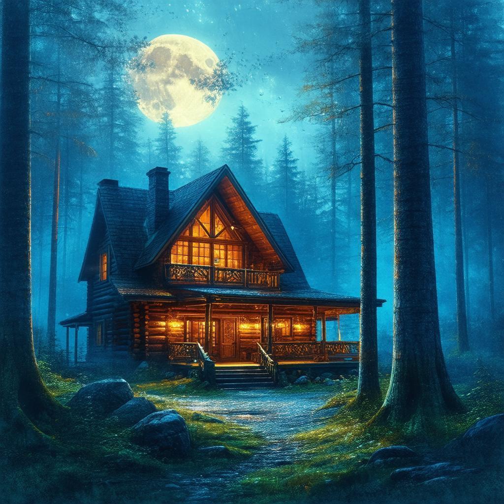 Moonlit Forest Cabin in Painterly Blues