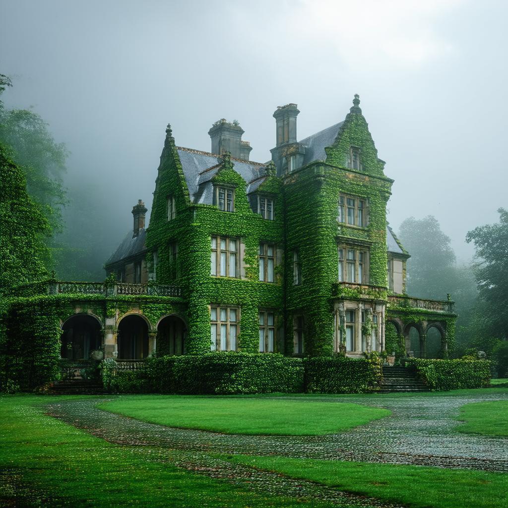 Ivy Clad Mansion Shrouded in Storm Mist