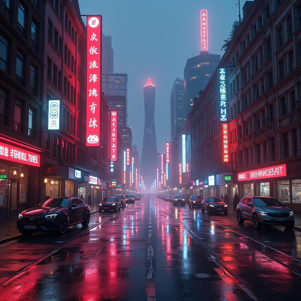 Neon Birmingham Skyline on Rain Slicked Streets
