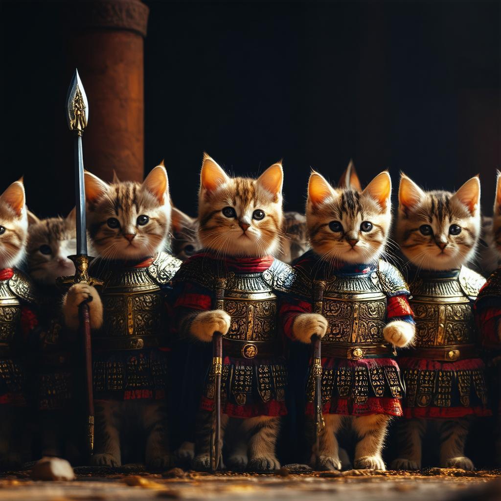 Gladiator Kittens Assemble on a Dark Stage
