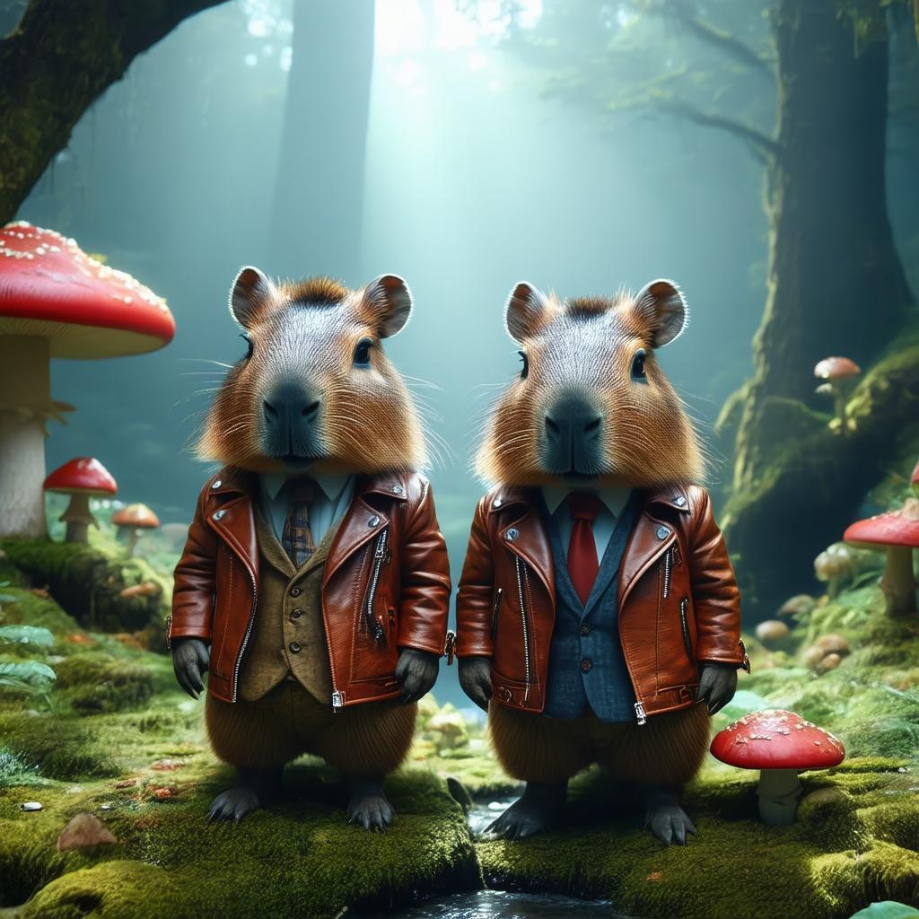 Capybara and Mushroom Wed in Leather Jackets