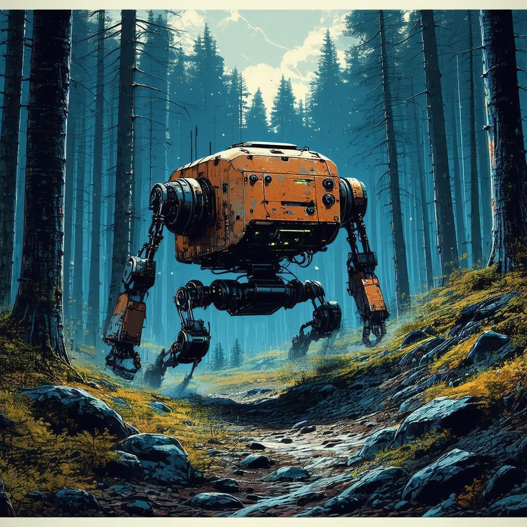 Rusty Scavenger Android Sprints Through Dark Tundra