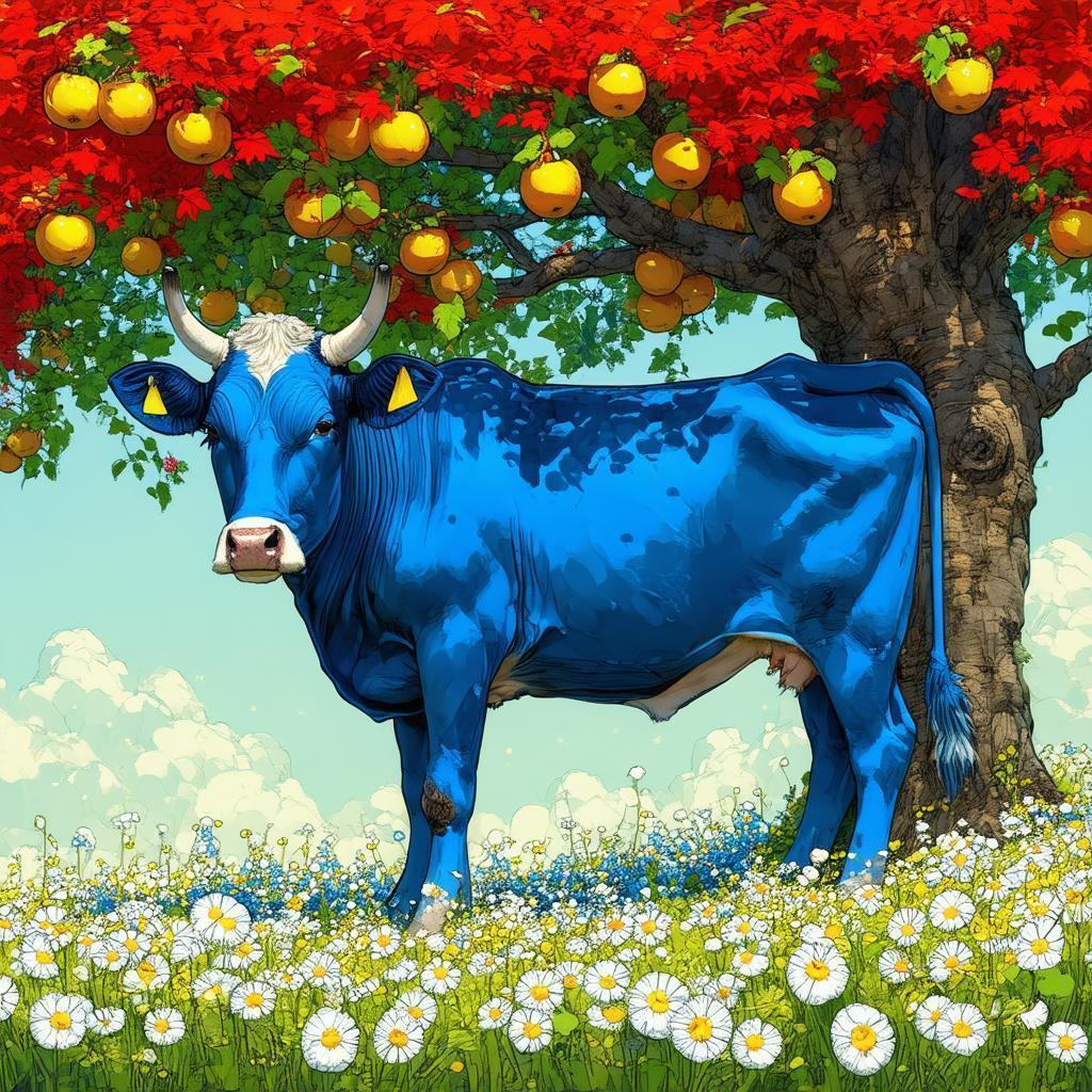 Blue Cow Beneath a Red Leafed Tree