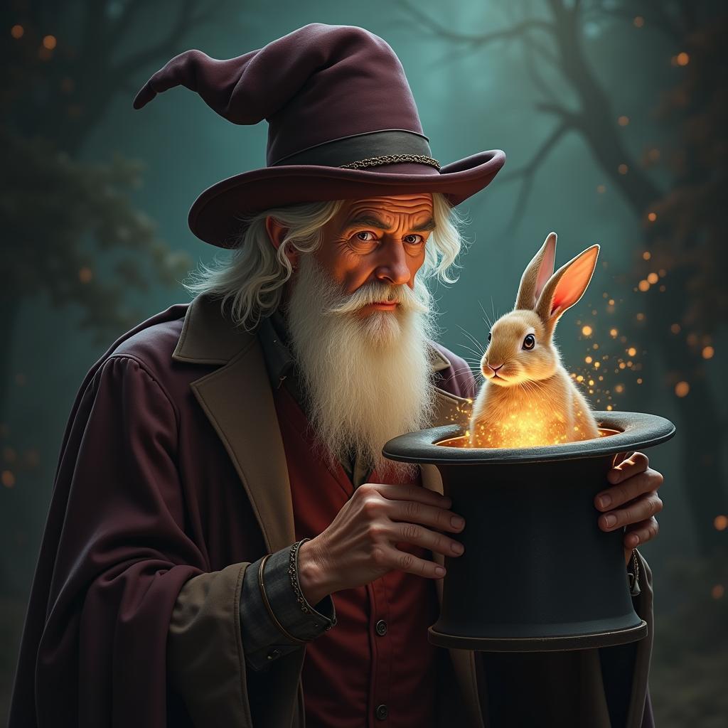 Old Magician Conjures a Rabbit From His Hat