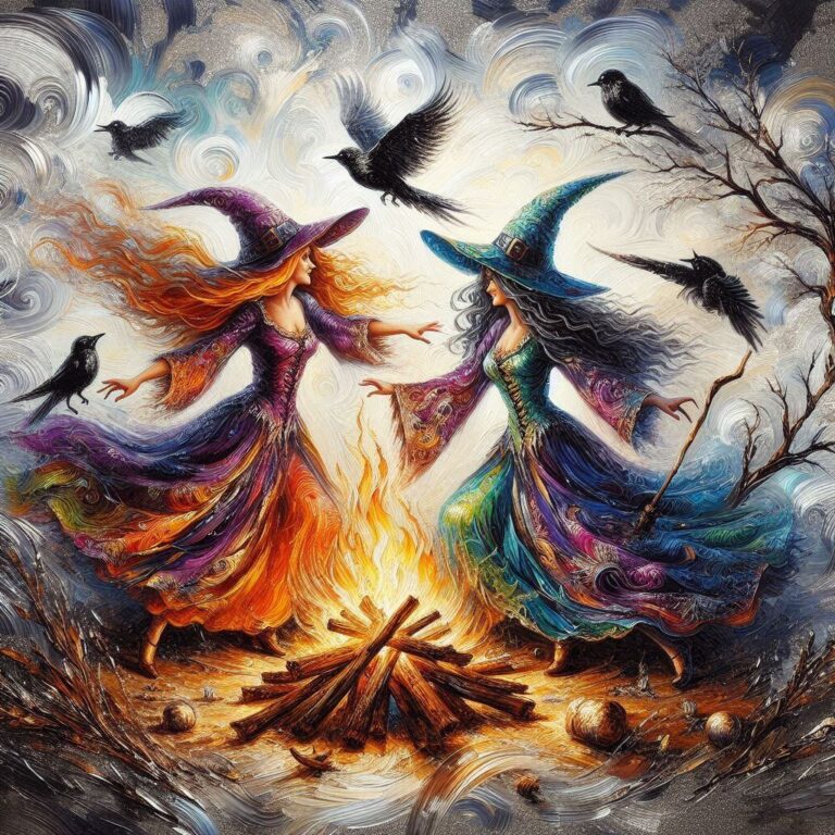 Two Witches Dancing by Fire