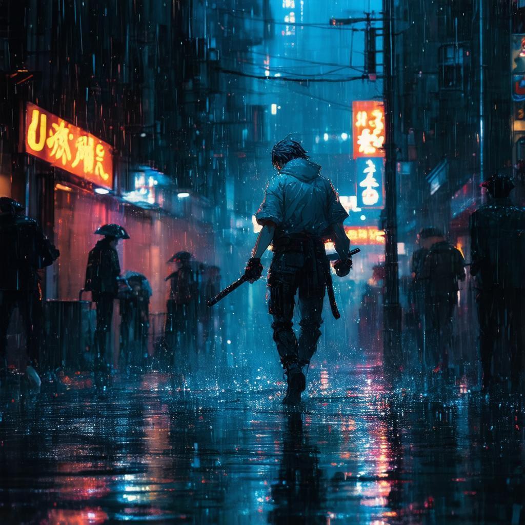 Anime Fighter in Rain Soaked Neon Streets