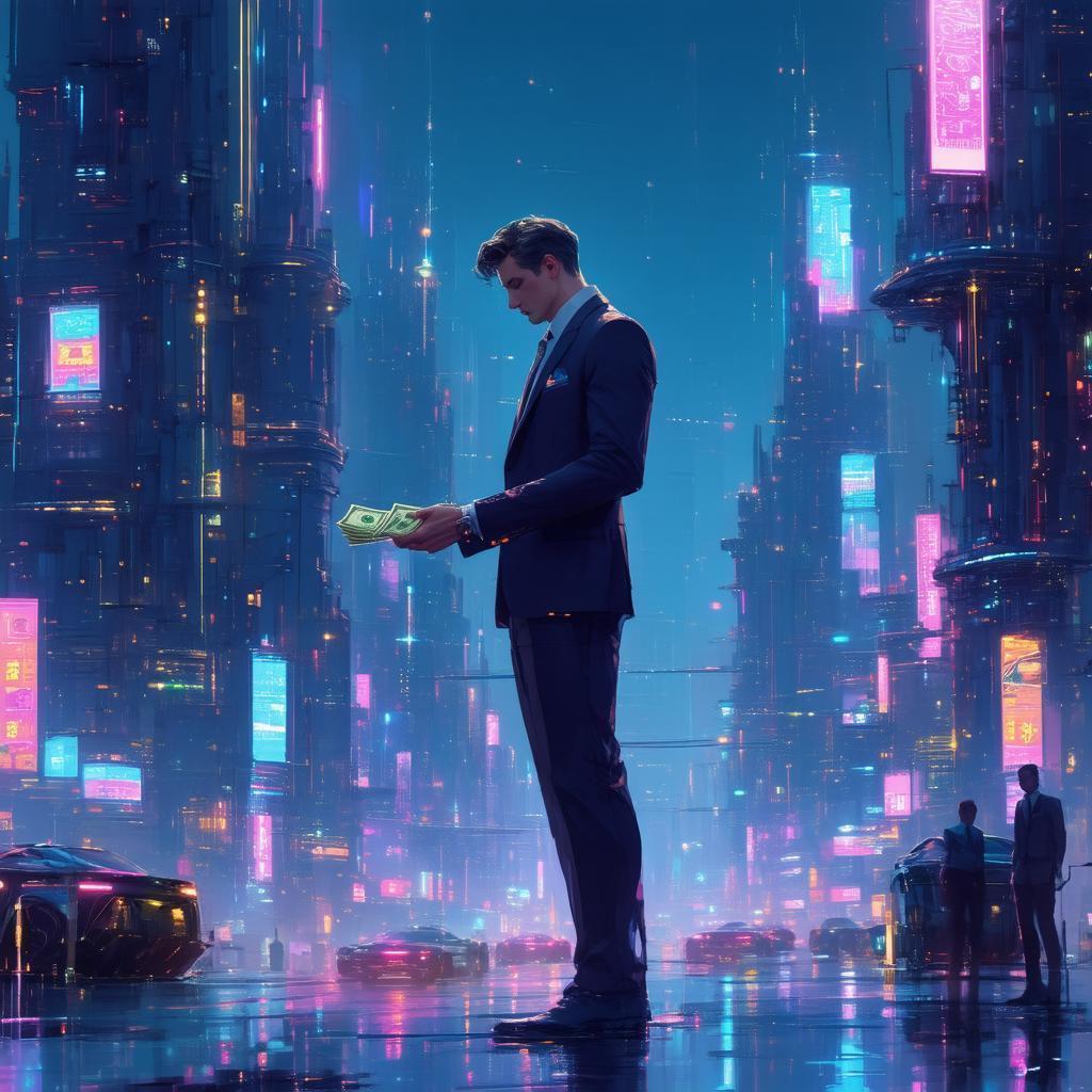 Blonde Businessman Trading Cash in Neon City