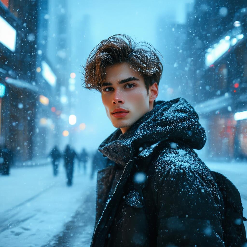 Wavy Haired Youth in Neon Snowstorm City