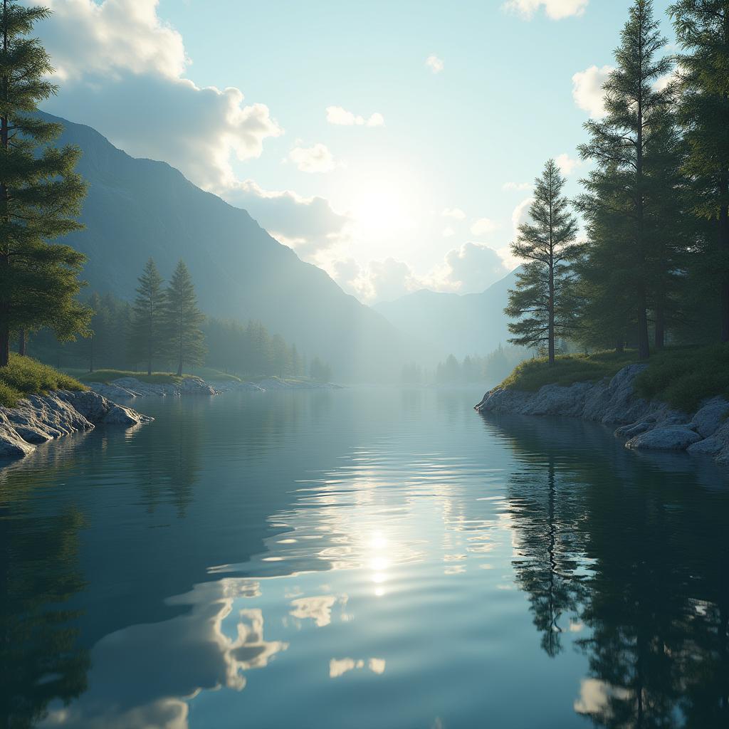 Serene Lakeside Landscape in Dramatic 3D